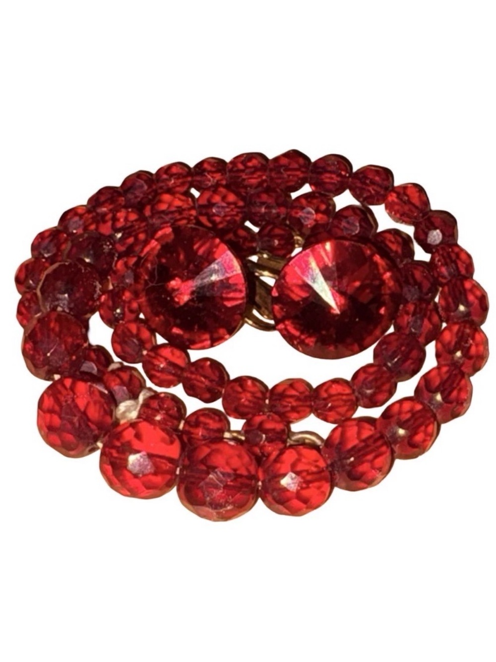 Vintage Dark Ruby Red Faceted Glass Bead Necklace & Rhinestone Stud Earrings Set